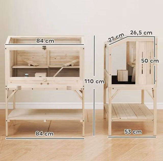 Gabbia per criceti a 2 livelli in legno naturale con accessori e vano portaoggetti