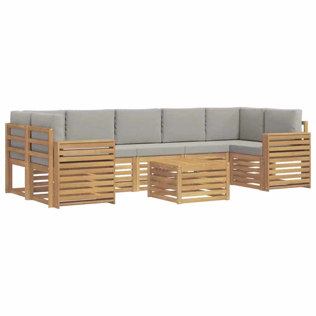 Set di divani da esterno a L vidaXL in legno di acacia con tavolo da caffè, 8 pezzi, Bianco e Grigio – 2