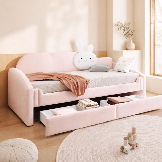 Letto per bambini 90 × 200 cm con 2 cassetti, LED, sponde rialzate, senza materasso, in velluto, rosa
