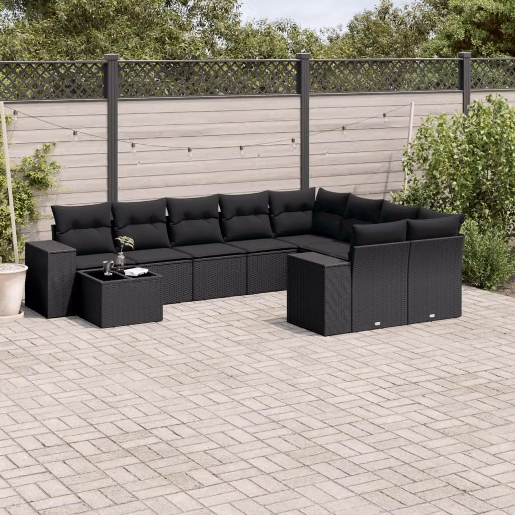Set di divani da giardino vidaXL in polyrattan nero con cuscini e tavolino da esterno a forma di L – 1