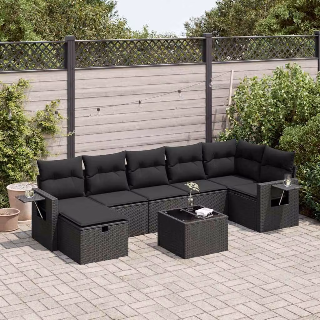 Set di divani da giardino vidaXL in polyrattan nero con 8 pezzi e cuscini inclusi