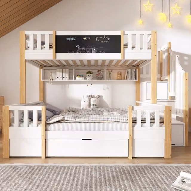 Letto a castello per bambini 90x200 e 140x200 cm in legno massiccio; bianco e naturale