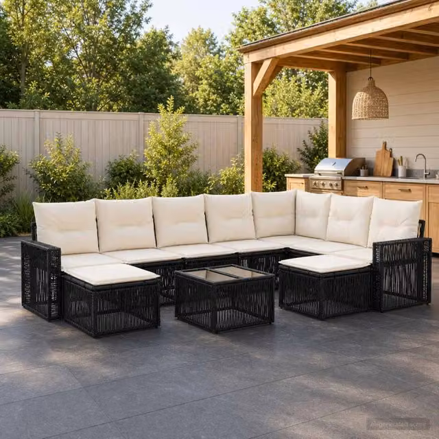 Set Divano da Giardino 10 pz Nero e Bianco Crema polyrattan 3435313