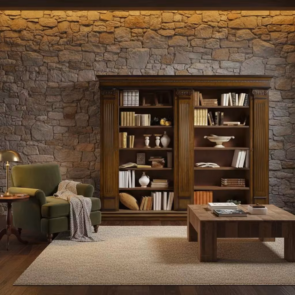 Libreria classica in legno di faggio color marrone con 3 porte e 22 ripiani Mobili 2G L: 306 cm, P: 52 cm, H: 240 cm – 1