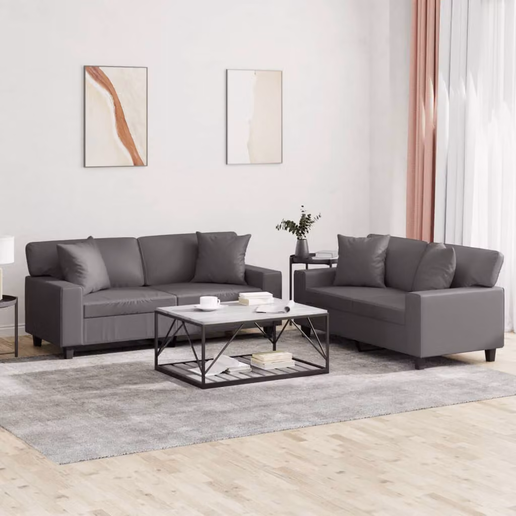 Set di 2 divani vidaXL in similpelle grigia con cuscini per soggiorno in stile moderno – 1