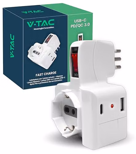 V-TAC Adattatore Multipresa con 1 Presa Schuko Bipasso 2 USB (1A + 1C) Indicatore LED 1 Presa Laterale 10/16A
