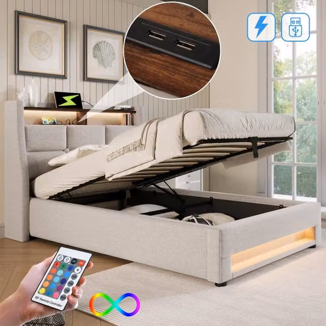 Letto singolo imbottito – 90x200 cm – LED rete metallica – lino beige