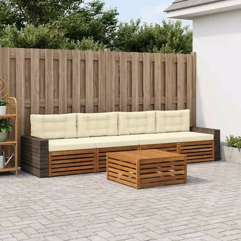 Set di divani da esterno vidaXL 5 pezzi in legno di acacia con tavolino e cuscini beige e bianco