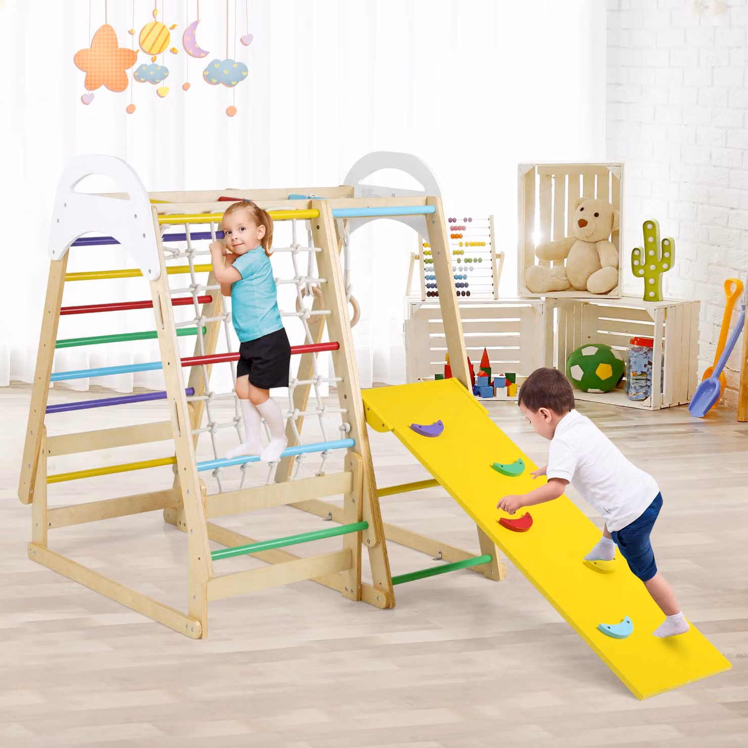 Costway Parco giochi 6-in-1 in legno multicolore per bambini con scivolo, barre, anelli, rete, scala e tenda, palestra jungle per arrampicata per bambini dai 1 anno in su