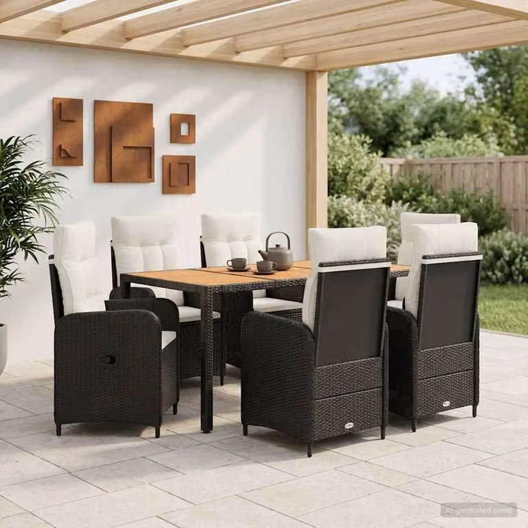 Set da pranzo per esterni vidaXL in polyrattan e legno di acacia da 7 pezzi, colore nero e bianco crema