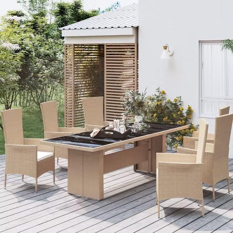 The Living Store Tavolo da giardino con piano in vetro Beige Poly Rattan e vetro temperato
