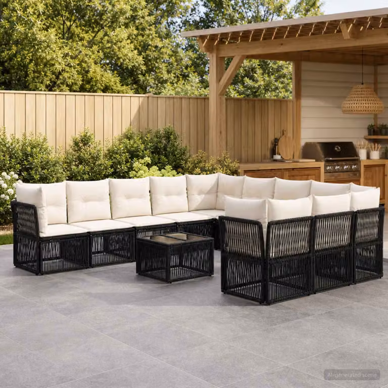 Set Divano da Giardino vidaXL 12 pz a Forma a L con Tavolino, Colore Nero, Struttura in Metallo e Polyrattan con Cuscini Inclusi
