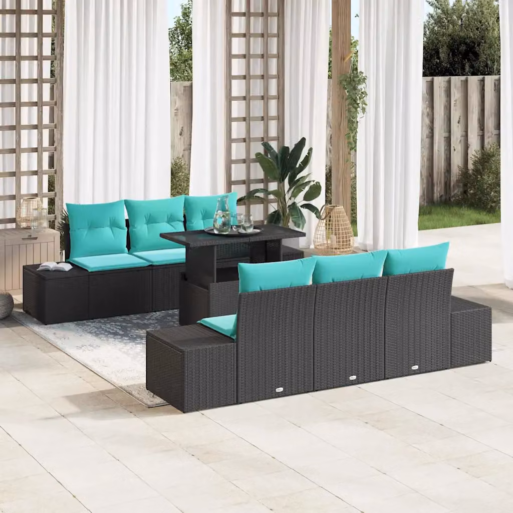Set Divano da Giardino vidaXL 7 Pezzi a Forma di U con Tavolino e Ottoman, Colore Nero e Turchese