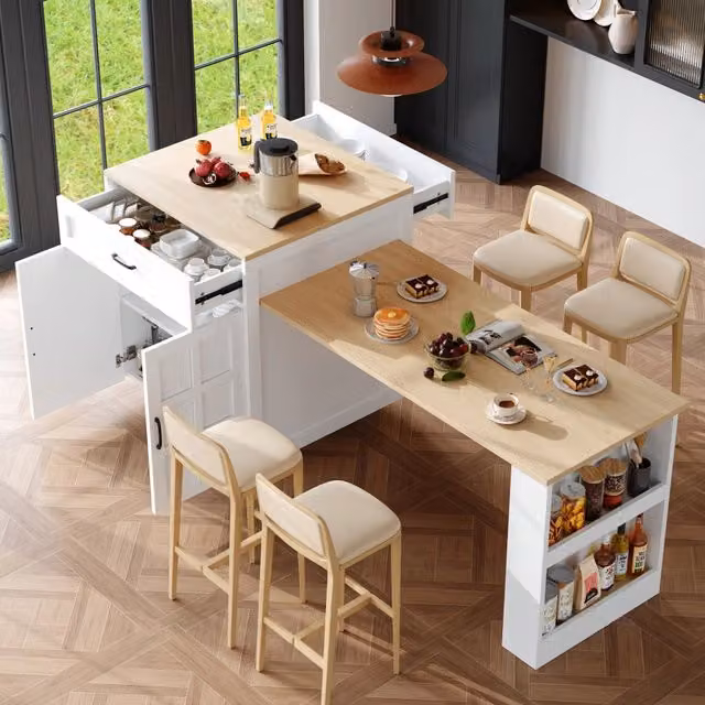 Tavolo da pranzo allungabile con cassetto, vani aperti e ripiani laterali, in MDF bianco, 133-202 × 70 × 93,5 cm