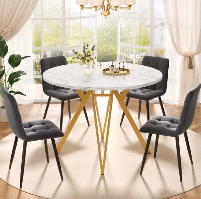 Set da pranzo 100x100x76 cm con 4 sedie; tavolo rotondo multifunzione in MDF grigio e oro