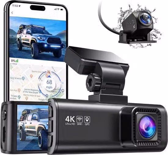Dashcam per Auto 4K UHD con GPS e Wi-Fi, Visione Notturna Infrarossa, Colore Nero