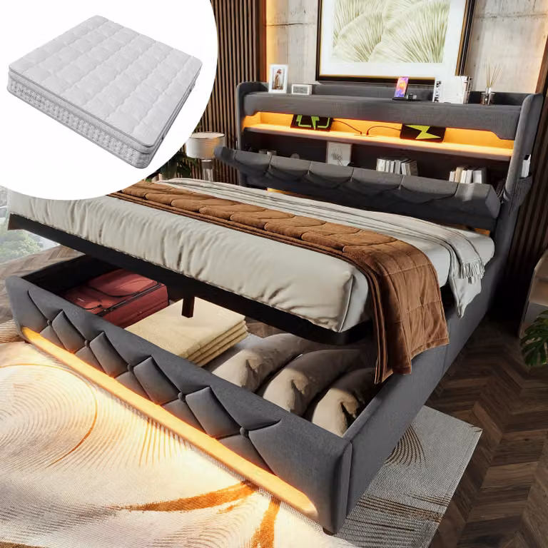 Letto imbottito 180x200 cm con materasso H3 da 25 cm, spazio contenitore con sistema idraulico, testiera con porte USB e Type-C, illuminazione LED a 360°, rivestito in lino, colore grigio