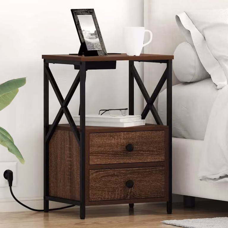 Set di 2 Armadi da Notte vidaXL in MDF e Metallo, Colore Marrone Rovere Opaco, L 40 cm x P 31 cm x H 60 cm