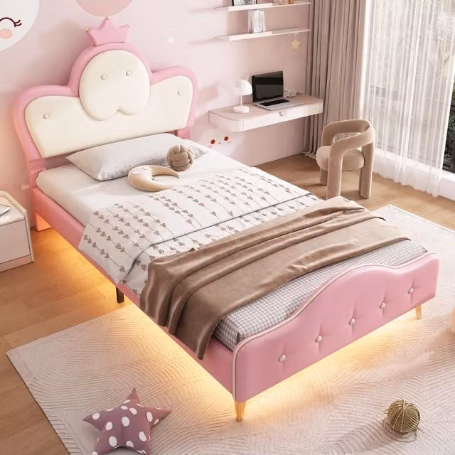 Letto singolo imbottito per bambini 90 × 200 cm in PU rosa e bianco con LED testiera a corona e rete a doghe