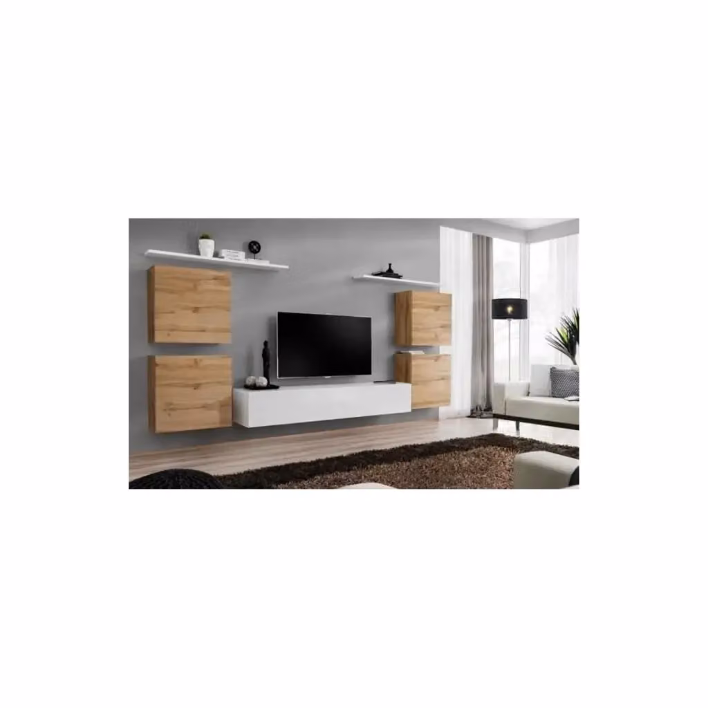 Composizione murale SWITCH IV Meublorama per soggiorno in bianco lucido e quercia Wotan con mobile TV e scaffali sospesi – 2