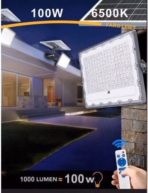 Faro Led da 100 Watt Trade Shop con Pannello Solare, Sensore Crepuscolare, Telecomando e Certificazione IP65, Colore Grigio – 1