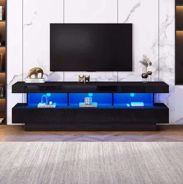 Mobile TV 160 x 38 x 50,5 cm nero lucido con LED, 3 ripiani in vetro