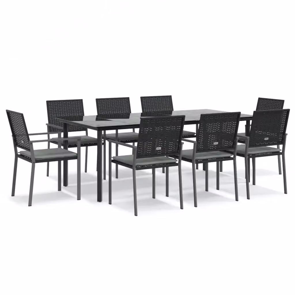 Set Pranzo da Giardino vidaXL 9 pz in Polyrattan e Acciaio con Piano in Vetro, Colore Nero e Grigio – 2