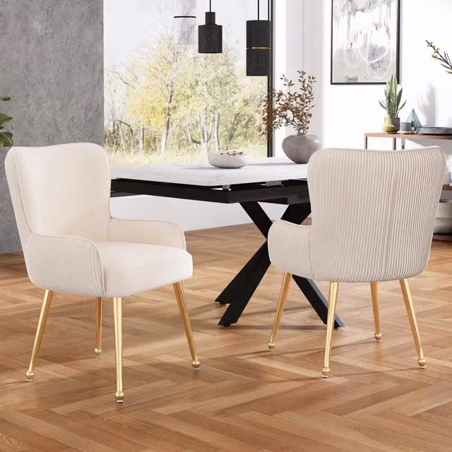 Set di 2 sedie con braccioli beige in velluto, gambe metalliche dorate regolabili
