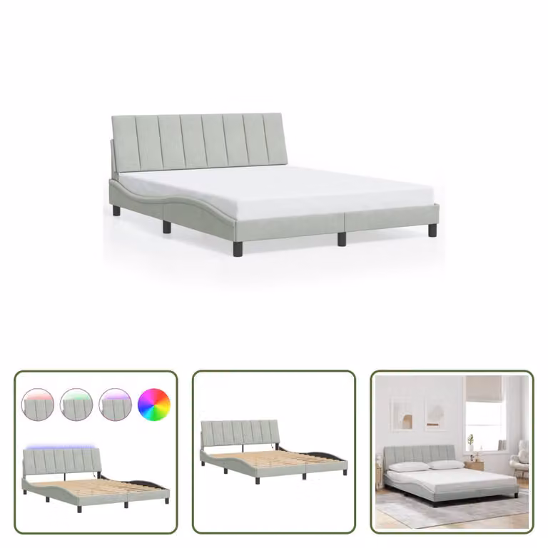 The Living Store Struttura letto con luci LED grigio chiaro 160x200 cm in velluto