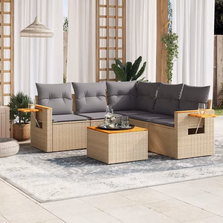 Set Divano da Giardino vidaXL 6 pz in Polyrattan con Cuscini Beige e Tavolino da Esterno a Forma di L