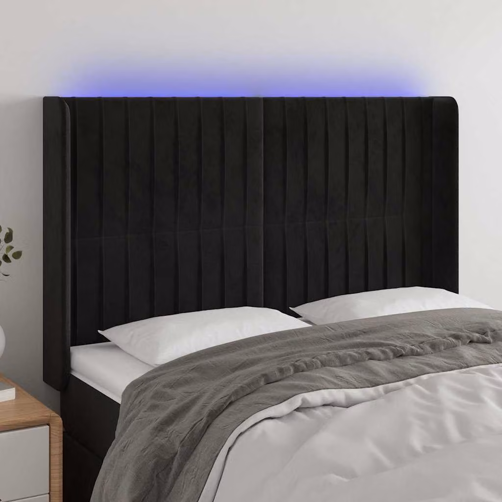 Testiera con LED e porta USB vidaXL in velluto nero, L: 147 cm, P: 16 cm, H: 118-128 cm – 1
