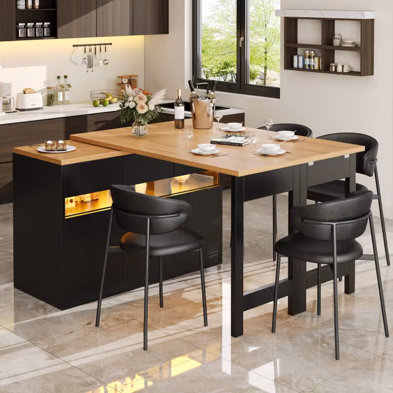 okwish Isola da cucina estraibile, Mobile da cucina con funzione girevole a 360°, Tavolo da bar con illuminazione a LED e lunghezza del piano regolabile 120-180 cm, Nero, Naturale
