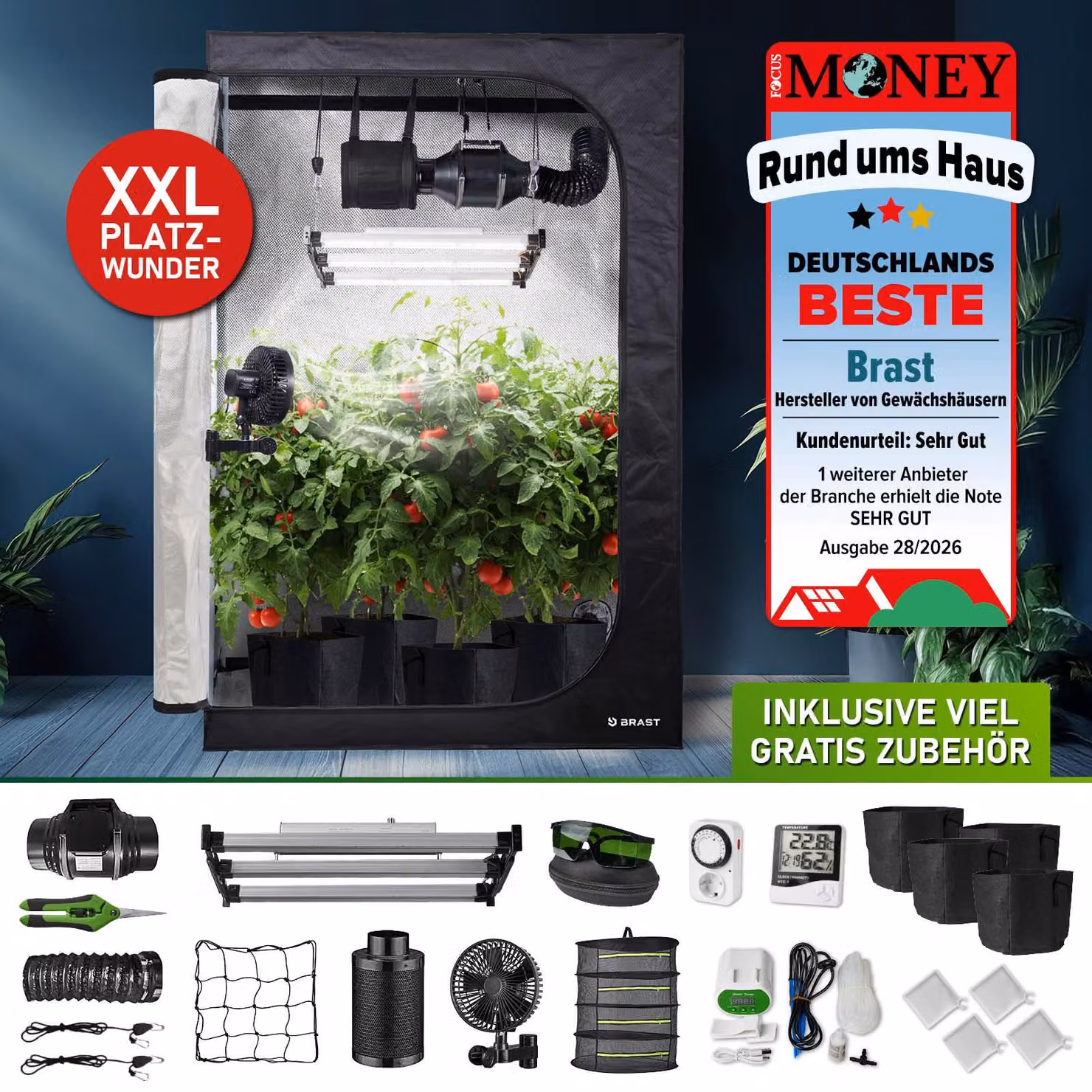 BRAST Growzelt GrowBox | Set completo con accessori speciali | 120x60x180 cm | Tecnologia LED a spettro completo | Sistema di ventilazione e irrigazione | Impermeabile e resistente alla luce