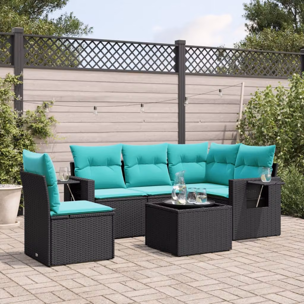 Set da giardino vidaXL in polyrattan nero con cuscini blu e tavolino da esterno in vetro per 6 persone