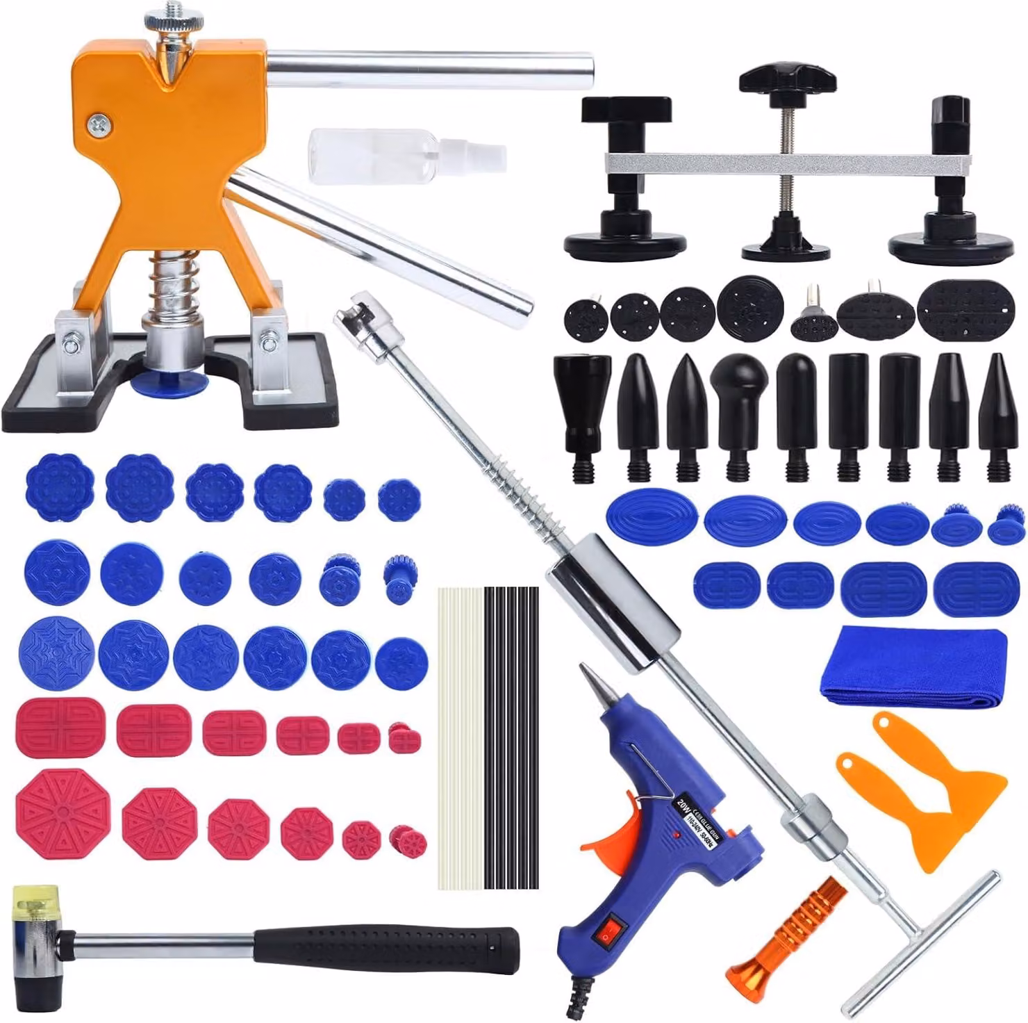 Kit di riparazione per ammaccature auto, composto da 78 pezzi, con martello, levatrici, estrattori a ponte, pistola per colla, ideale per lavori di carrozzeria