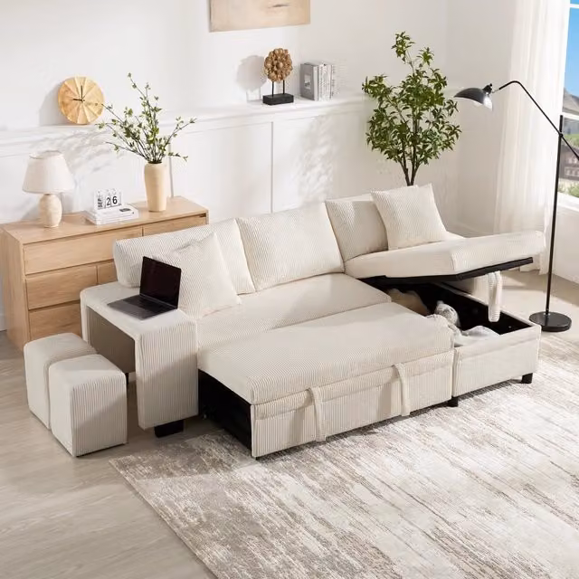 Divano letto angolare trasformabile 3 posti con vano contenitore USB e USB C con rivestimento in velluto a coste beige
