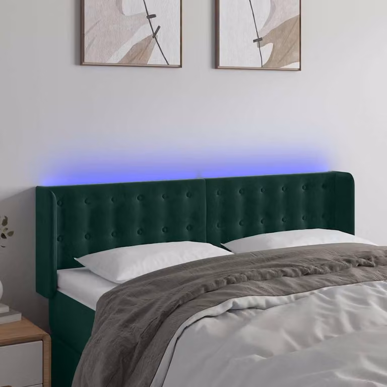 Testiera per letto vidaXL in velluto verde scuro con illuminazione LED e porta di ricarica USB, L 147 cm x H 78/88 cm x P 16 cm