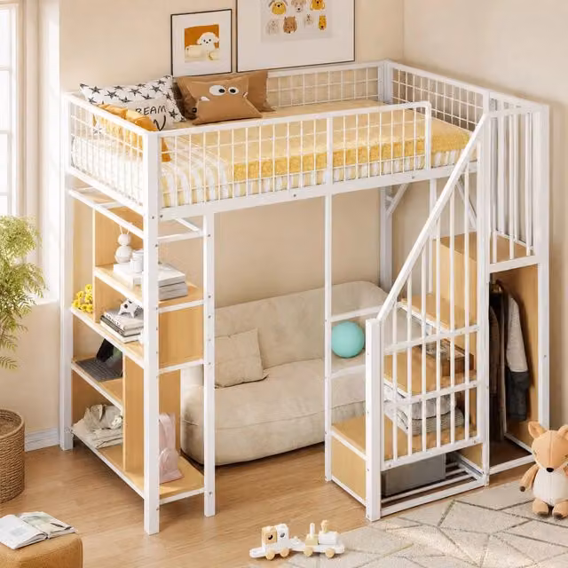 Letto a soppalco 90x200 cm con scala contenitore e vano portaoggetti; metallo e legno; bianco