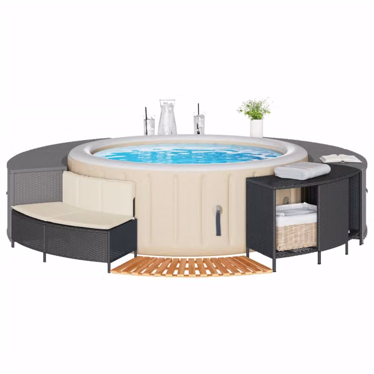 Bordo per Spa vidaXL in Polyrattan Nero e Legno di Acacia Oliato L: 112 cm, P: 55 cm, H: 45 cm