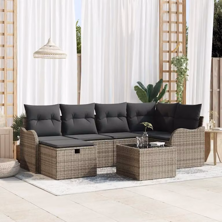 Set Divano da Giardino vidaXL a Forma di L in Poly Rattan Grigio con Cuscini e Tavolino da Esterno