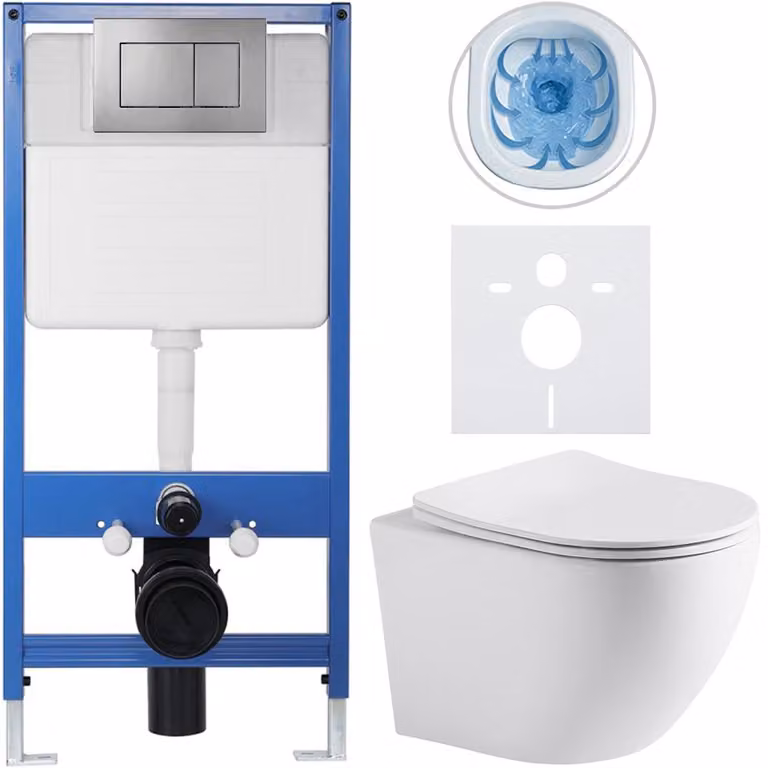 Set completo per WC sospeso Lite/Cesso - bianco opaco - pulsante per WC Classic, grigio scuro - installazione a parete/con pannello in cartongesso - 49x36 cm