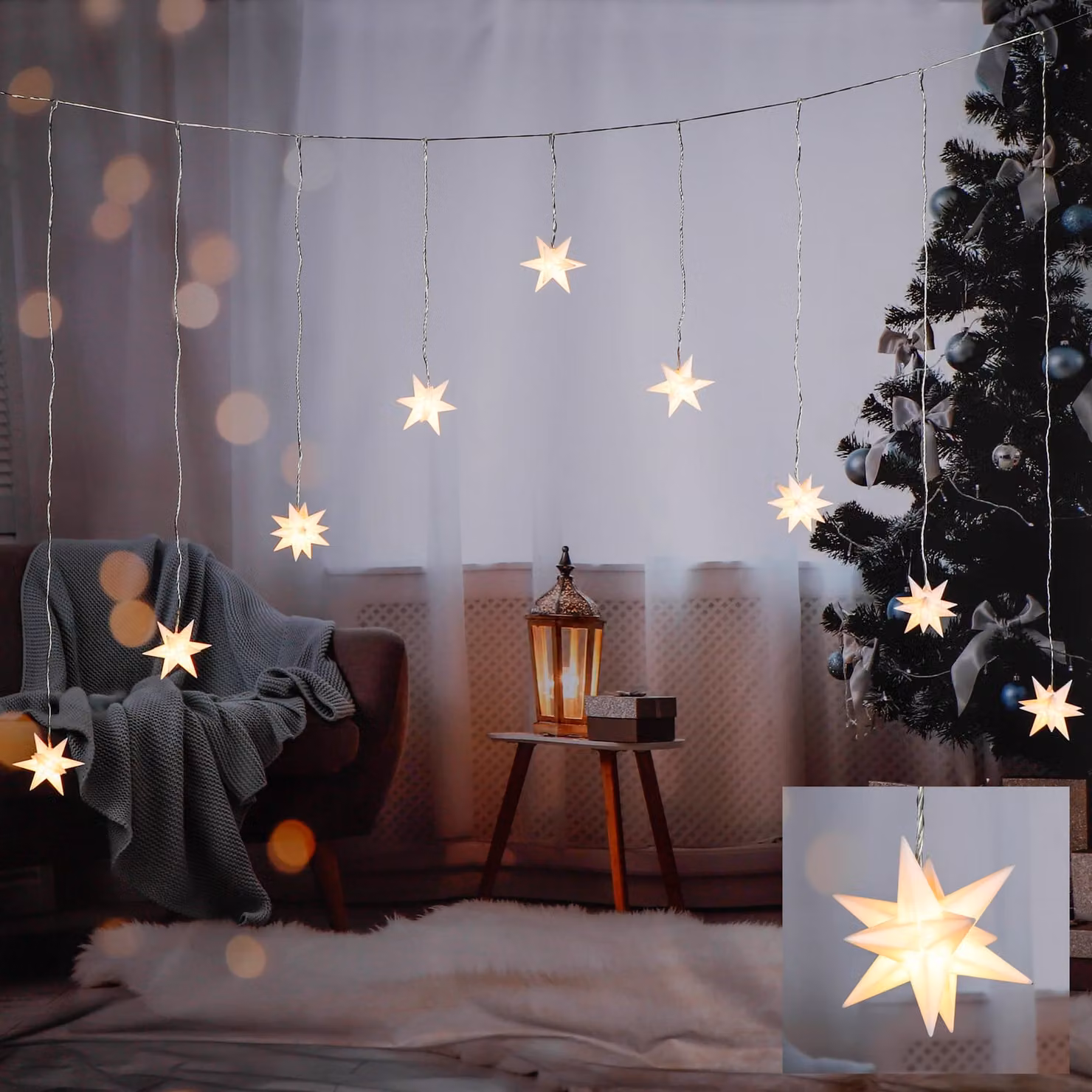 Tenda a LED con stelle 3D - bianco caldo - 9 stelle