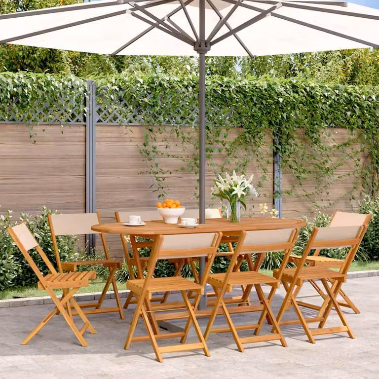 Set di 8 sedie pieghevoli da giardino vidaXL in legno di acacia oliato e tessuto beige resistente ai raggi UV