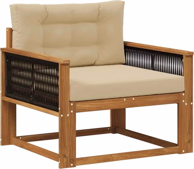 Divano centrale da esterno in legno di acacia con cuscini beige e marrone CFW3444510 – 1