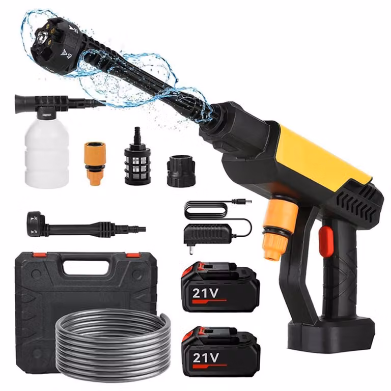 Idropulitrice senza fili - 21V, 70 bar, con pistola a pressione - ugello 6-in-1 - con tubo flessibile - 2 batterie - spina EU