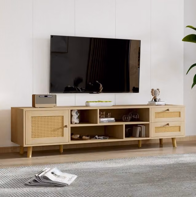 Mobile TV ULEVR 160x39x40,5 cm con 2 cassetti e anta in rattan, passacavi e piedi regolabili, rovere