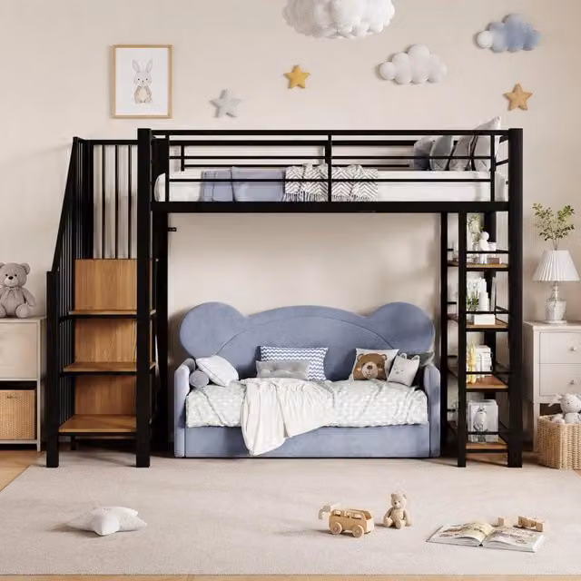 Letto a soppalco 90x200 cm in metallo nero con scala contenitore; guardaroba e ripiani