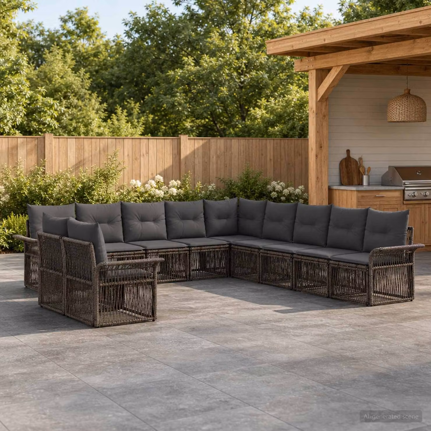 Set Divano da Giardino vidaXL a forma a U in Polyrattan Grigio con 11 Pezzi e Cuscini Inclusi