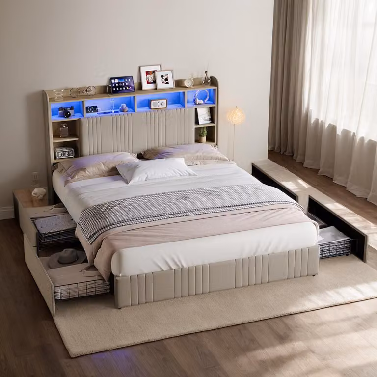 Letto matrimoniale INONEFT 140x200 con spazio contenitore, design moderno, imbottito, con illuminazione LED, funzione di ricarica USB, letto per giovani con 4 cassetti, tessuto in lino, senza materasso, color beige