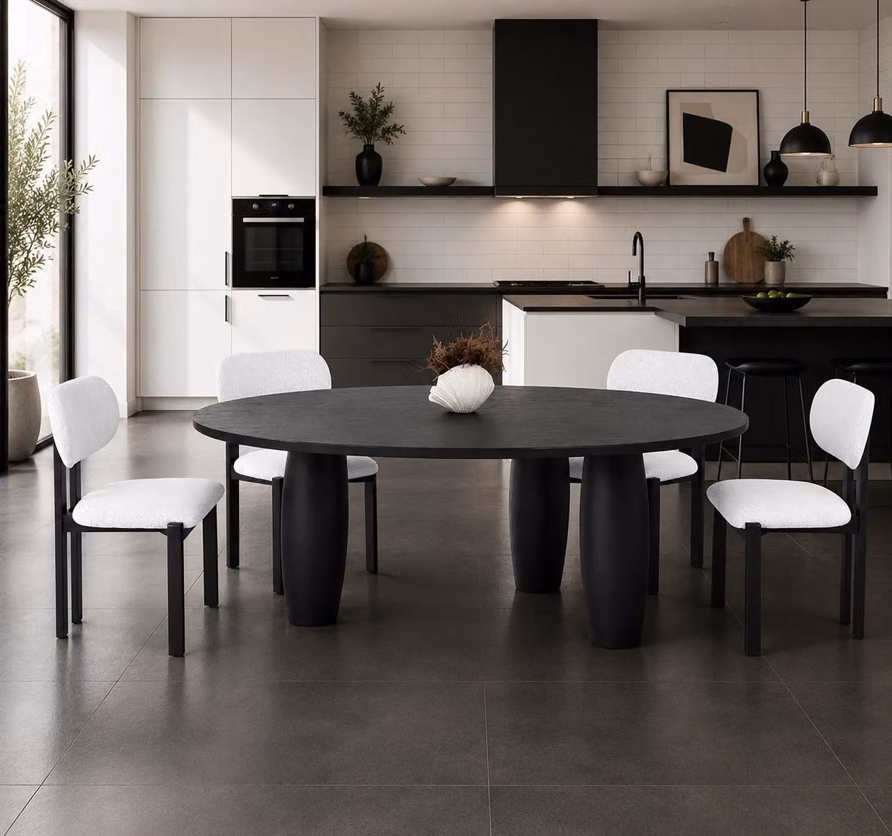 Set per sala da pranzo: tavolo da pranzo e 4 sedie, design moderno, colori nero e bianco, elegante, robusto